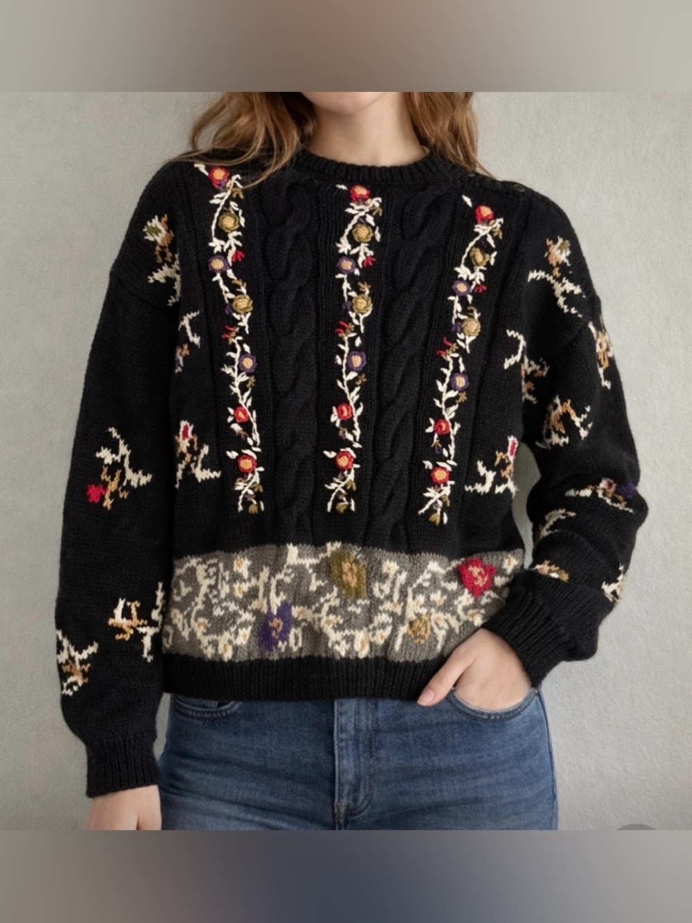 Vintage 80’s Needleworks Pullover Crewneck Floral Cable Knit Sweater Sise Medium